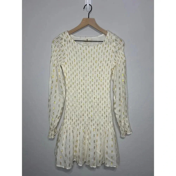 Perry Walker XS Smocked Body Con Dress White & Gold NWT - Picture 1 of 9